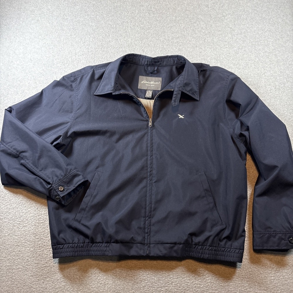 Eddie Bauer Mens Harrington Jacket Sz XL Navy Blue Full Zip Plaid Lined Coat